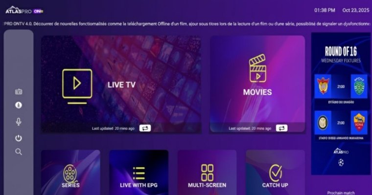 Interface moderne de l’application ATLASPRO ONTV 4.0 sur Smart TV