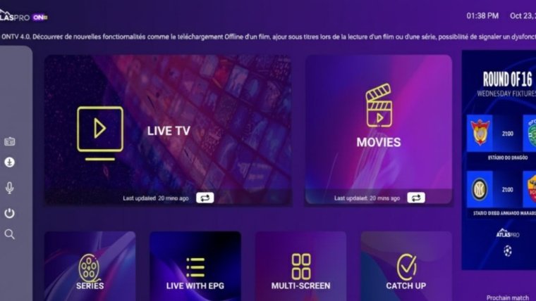 Interface moderne de l’application ATLASPRO ONTV 4.0 sur Smart TV