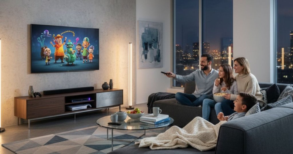 Famille française regardant la télévision via Atlas Pro Ontv