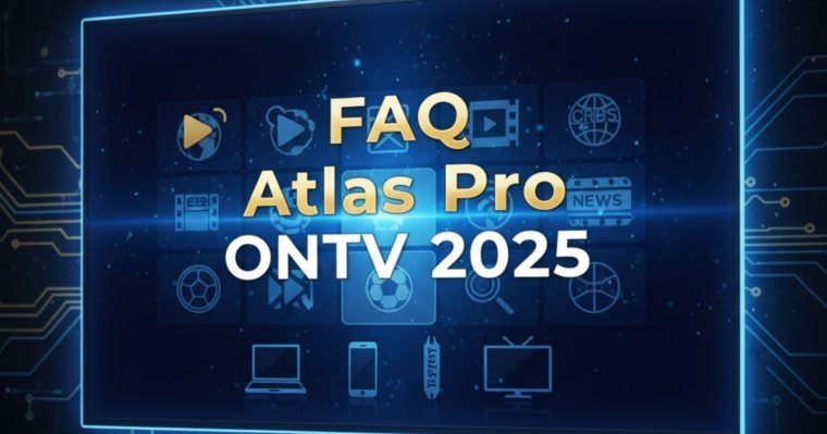 FAQ Atlas Pro ONTV 2025 — banner image showing IPTV interface with Smart TV, sports, movies, and streaming devices.