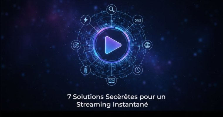 Illustration des 7 solutions secrètes pour un streaming instantané avec IPTV Atlas, icônes de réseau et play button