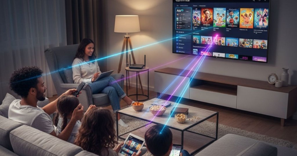 family watching Atlas Pro IPTV on multiple screens