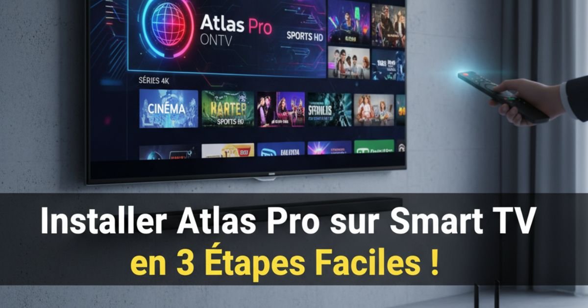 Une main tient une télécommande pointée vers une Smart TV affichant l'interface d'Atlas Pro ONTV, avec le texte "Installer Atlas Pro sur Smart TV en 3 Étapes Faciles !" incrusté sur l'image.
